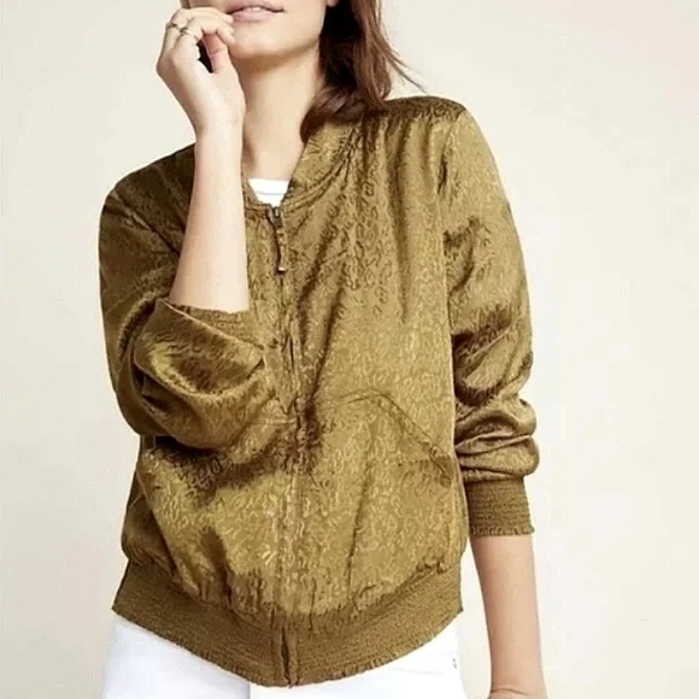 Anthropologie Maeve Leopard Print full zip olive green bomber jacket size XS